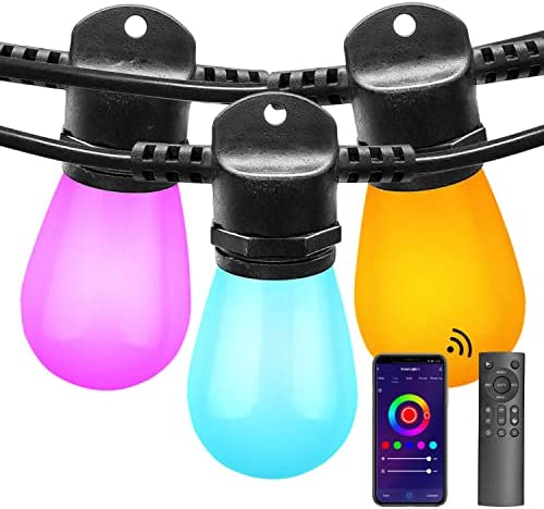 Banord Outdoor Smart String Lights, 48FT LED RGB Patio Lights with 15 Shatterproof Bulbs, Waterproof Colored Backyard Lights Compatible with Alexa for Balcony Party Festival