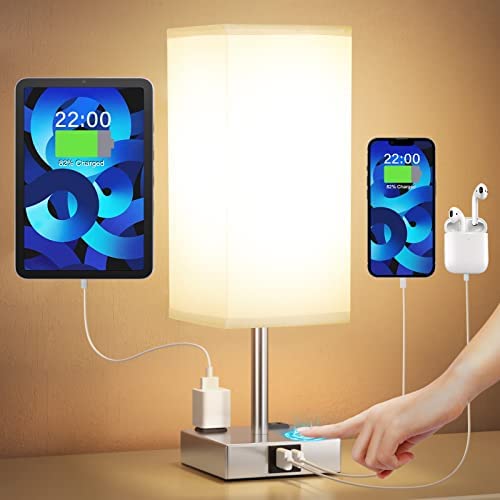 Bedside Lamp with USB Port - Touch Control Table Lamp for Bedroom with USB C+A Charging Ports & AC Outlets, 3-Way Dimmable Nightstand Lamp for Living Room Office(LED Bulb Included)