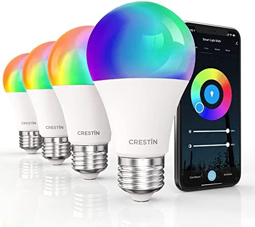CRESTIN Smart Light Bulbs LED, RGBCW Color Changing Light Bulbs 2.4GHz WiFi &Bluetooth, Dimmable, Music Sync, Schedules, A19 E26, 9W=60W, 800LM Work with Alexa&Google Assistant, No Hub Required 4 Pack