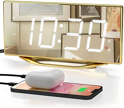 Digital Dual Alarm Clock for Bedroom, 8.7″ Large Mirrored LED Clocks with 2 USB Charger Ports, 7 Levels Brightness & Volume, Snooze,12/24H, Loud Alarm Clocks for Heavy Sleepers Adults Kids Home Office