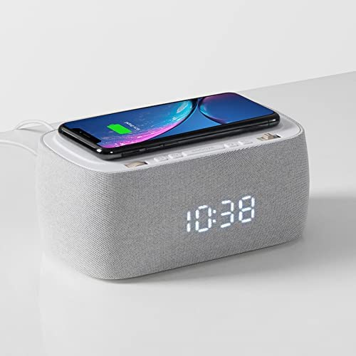 EZVALO Alarm Clock with Wireless Charger,Multifunctional Digital Clock Radio with Speaker,Dimmable LED Display with 9V&2A Fast Charging Port,Night Light for Bedroom