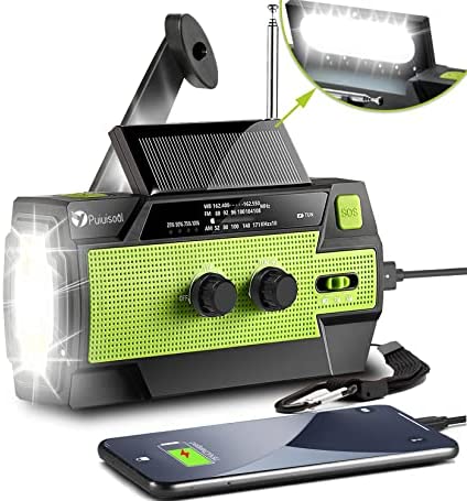 Emergency-Radio,Puiuisoul 4000mAh Weather Radios with Hand Crank & Solar Charging,3 Gear LED Flashlight,SOS Alarm, Portable Power Bank,AM/FM/NOAA,Motion Sensor Reading Lamp
