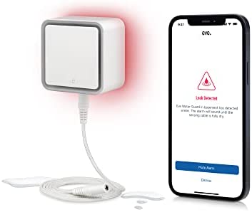 Eve Water Guard – Smart Home Water Leak Detector, 6.5 ft Sensing Cable, 100 dB Siren, (Apple HomeKit), App Notifications, Bluetooth, Thread