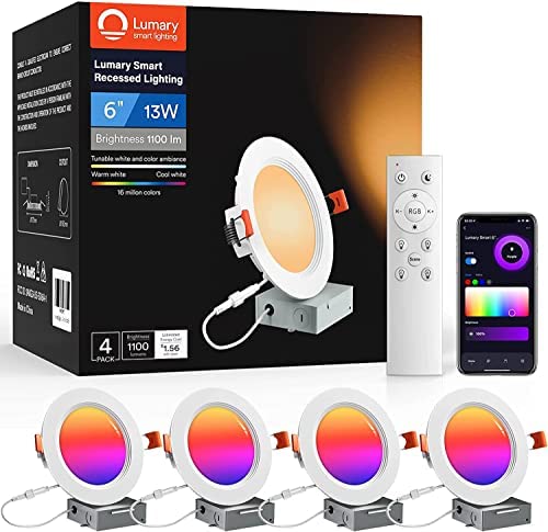 Lumary 6 Inch Smart WiFi Recessed Lights 13W Smart Recessed Lighting Ultra-Thin and Anti-Glare Trim Smart LED Recessed Light RGBWW with Junction Box Work with Alexa/Google Assistant /BT Remote 4PACK