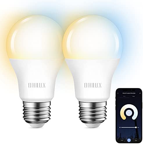 OHLUX Smart WiFi & Bluetooth Alexa Light Bulbs, 10W 2700K Warm Light to 6500K Daylight Dimmable, Work with Alexa Google Home Siri, A19 E26 900LM 2Pack