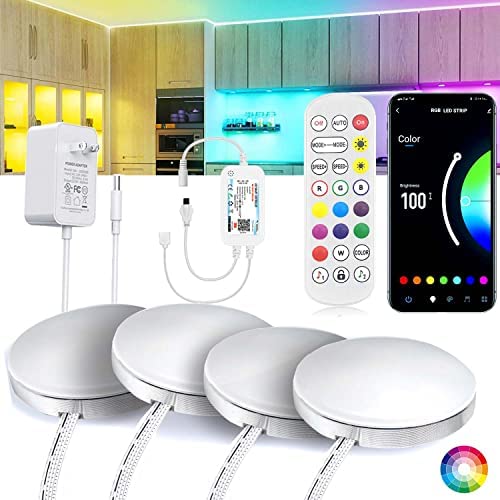 Round RGB Multicolor Dimmable LED Cabinet Lighting Counter Showcase Kitchen Lighting Fixture Compatible with Alexa, Echo, Google Home (no hub Required) with Remote Controlntrol (4 Lights Kit)