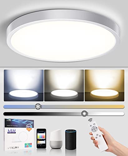 Smart Ceiling Light Fixture Flush Mount LED Compatible with Alexa Google Home for Bedroom Living Room Hallway Bathroom Kitchen Dimmable Remote Control Night Light Low Profile 12 inch 24W Round White