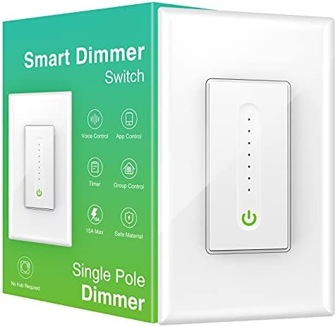 Smart Dimmer Switch Work with Alexa Google Home, Neutral Wire Required 2.4GHz Wi-Fi Switch for Dimming LED CFL INC Light Bulbs, Single Pole, UL Certified, No Hub Required, 1Pack