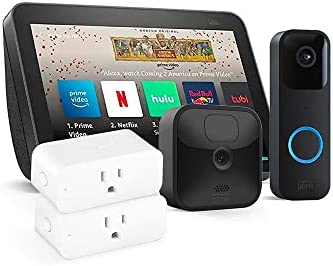 Smart Home Bundle – Echo Show 8 + Blink Video Doorbell + Blink Outdoor 1-Cam System + 2 Smart Plugs