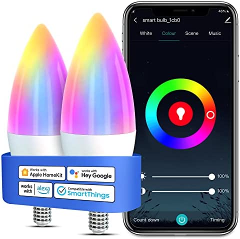 Smart Light Bulb Compatible with Apple HomeKit, Siri, Alexa, Google, Kurvia E12 Smart Bulb Color Changing Dimmable RGBCW 2000K- 6500K 5W 40W Equivalent, No Hub Required, 2 Pack