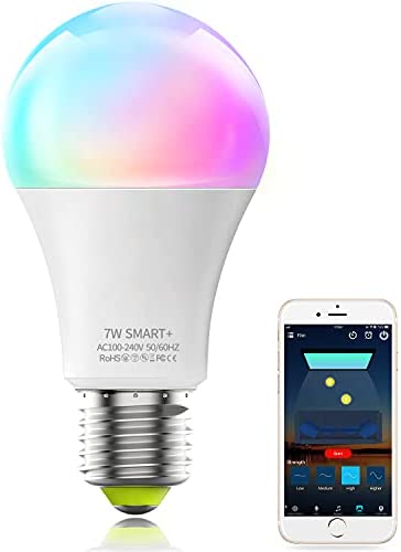 Smart Light Bulb, WiFi & Bluetooth 5.0, Compatible with Alexa & Google Home, Dimmable, Music Sync, Schedules, A19/E26 7W LED Color Changing Light Bulb, RGBCW Smart Home Lighting, UL Certified