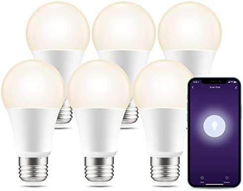 Smart Light Bulbs, E26 Dimmable Warm White Bulbs That Compatible with Alexa and Google Home, 2700K, 800 Lumens LED Wi-Fi Bulbs, A19 2.4GHz Wi-Fi Only, 75w Equivalent No Hub Required, 6 Pack