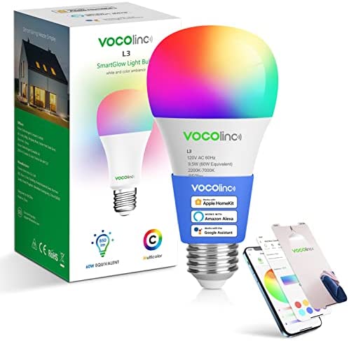 VOCOlinc Smart Light Bulbs,White & RGBW Ambiance LED Smart Bulbs,WiFi LED Light Bulb Work with Alexa Google Home & Apple HomeKit,A21/E26 9.5W, 850LM 60W Equivalent,No Hub Required,2.4GHz Only(1PACK)