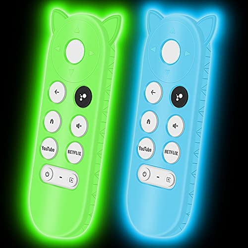 2Pack Silicone Protective Case Covers for Chromecast with Google TV - Streaming Entertainment with Voice Search,for Google 2020 Voice Remote Battery Back Holder Skin Covers Sleeve-Glowgreen+Glowblue