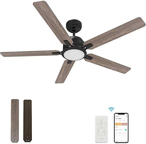 52“ Indoor & Outdoor Ceiling Fan With Light, Low Profile Smart Ceiling Fan With 10 Speeds, Silent DC Motor, Farmhouse Ceiling Fan Compatible with Alexa, Siri, Google & Smart App, Black & Walnut