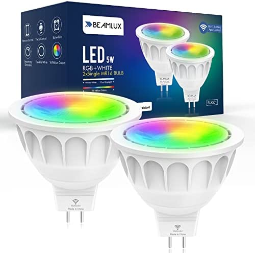 BEAMLUX Smart WiFi MR16 Color Changing led Bulbs RGBCW, Dimmable with App Control, 40° Beam Angle AC/DC 12V GU5.3 Base, Compatible with Alexa and Google Home Assistant, No Hub Required (2PACK)