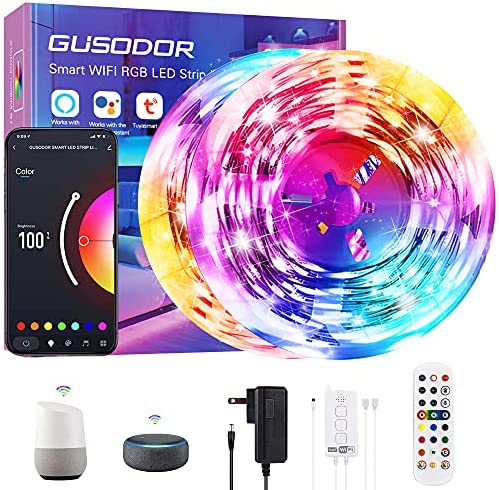 Gusodor Smart WiFi Led Light Strips 65.6ft Led Lights Work with Alexa and Google Assistant Led Lights for Bedroom Music Sync Led Strip Lights Color Change Bluetooth App Remote Control for Home Party