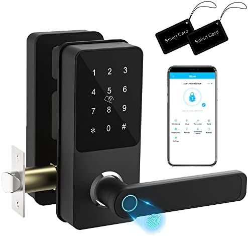 HOTATA Smart Lock, 6-in-1 Keyless Entry Door Lock Fingerprint, Bluetooth, Code, IC Card, Key, Remote Unlock with Touchscreen Keypad & Handle, IP65 Digital Lever Ideal for Home Security Retal - Black
