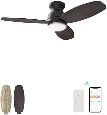 Indoor & Outdoor Ceiling Fan With Light, DC 10 Speeds Smart Ceiling Fan Compatible with Alexa, Siri, Google & Smart App，Farmhouse Modern Style Flush Mount 52″ Fan With Reversible Blades