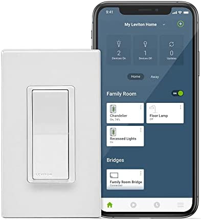 Leviton DN15S-2RW Decora Smart No-Neutral 15A Switch, Requires MLWSB Wi-Fi Bridge to Work, Alexa, Hey Google, HomeKit/Siri, White
