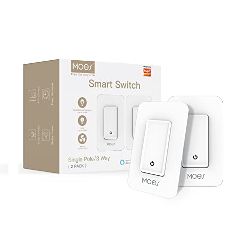 MOES 3 Way Smart Switch Neutral Wire Required, 2.4GHz Wi-Fi Light Switch Works with Smart Life/Tuya APP, Compatible with Alexa and Google Home, No Hub Required, ETL & FCC Listed, White (2 Pack)