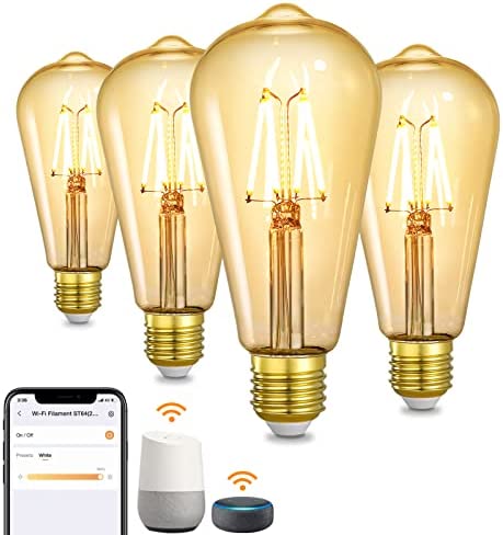 OREiN Smart LED Edison Light Bulbs, WiFi ST64 Vintage Light Bulbs with E26 Base, 350Lm Dimmable 2200K Amber Warm White, Smart Filament Bulb That Work with Alexa/ Google Home, 45W Equivalent, 4 Pack