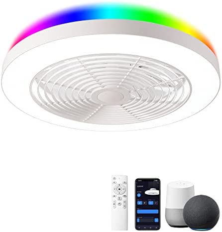 ORISON Low Profile Ceiling Fan with Lights- 19.7 in Smart Bladeless ceiling fans with Alexa/Google Assistant/App Control Color Changing LED-RGB Back Ambient Light for Living Room Bedroom