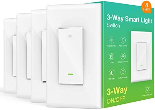 Smart Light Switch, 3 Way 2.4GHz Wi-Fi Smart Switch Compatible with Alexa and Google Home, Single Pole Wall Switch for Lights, ETL FCC Certified, Neutral Wire Required, No Hub Required (4 Pack)