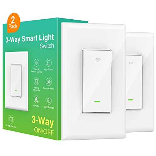 Smart Switch, 3 Way Light Wi-Fi Switch Compatible with Alexa and Google Home, 2.4GHz Schedule Timer, Neutral Wire Required, 3-Way Installation and No Hub Required, ETL and FCC Listed (2-Pack)