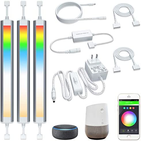 Smart Under Cabinet Lighting Strip Lights White and Multi Color Work with Amazon Alexa Google Home Dimmable for Show Case, TV Back Lights, Kitchen Counter, Book Case, Under Bed (3 Lights Bar kit)